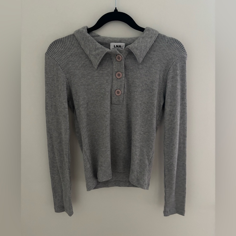 Revolve LNA Ribbed Marta Collared Top in Gray NWT